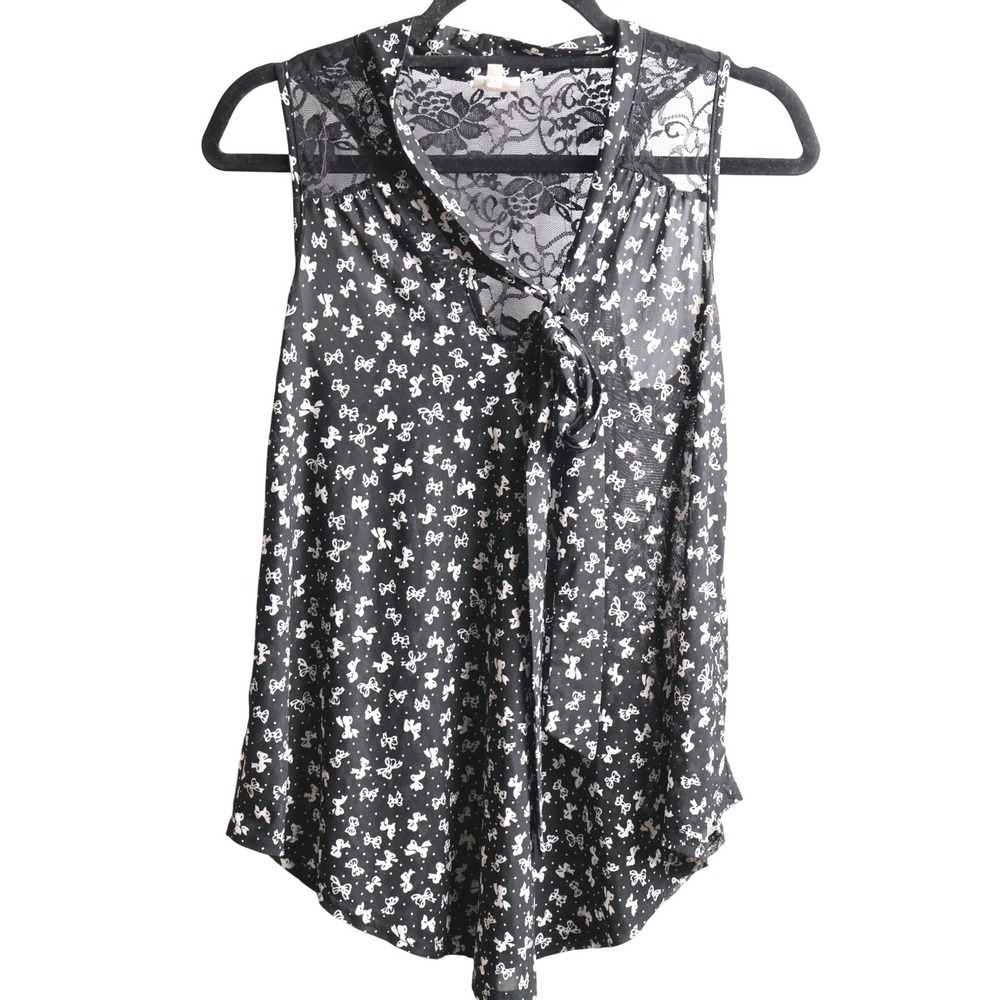 Black White Whimsigoth Bow Polka Dot Lace‎ Back Tie Neck Sleeveless Blouse Top